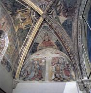 Peintures monumentales de la chapelle ouest : Christ en Majesté, anges de la Passion et saint Jean l'Evangéliste