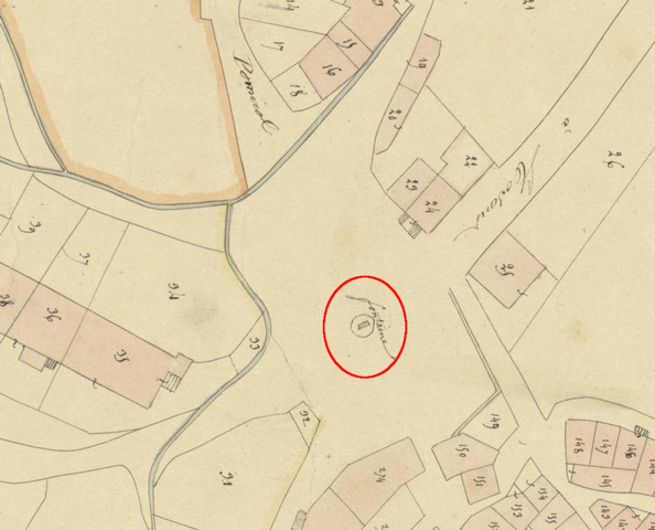 Plan de situation, d'après le cadastre de 1839 (section F1). Echelle d'origine 1/1 000e.