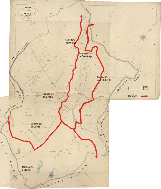 Extrait du cadastre de 1827 signalant les cabanes et les carraires (pâture de Mouriès-Lignin, Colmars)