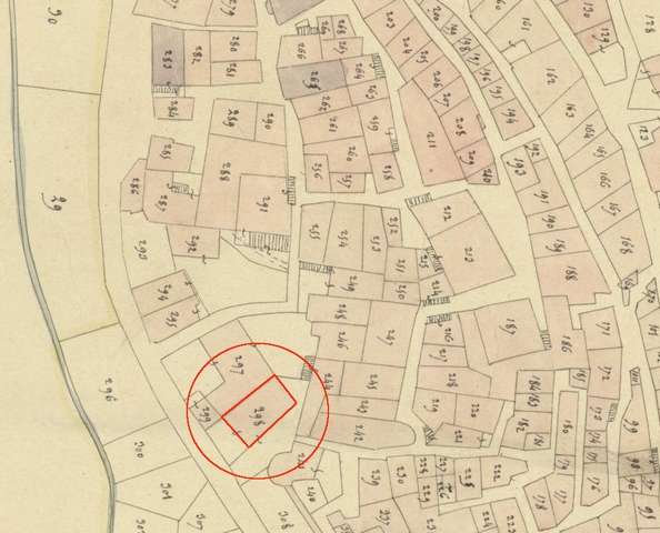 Plan de masse d'après le plan cadastral de 1839, section F1. Echelle d'origine 1/1000e.