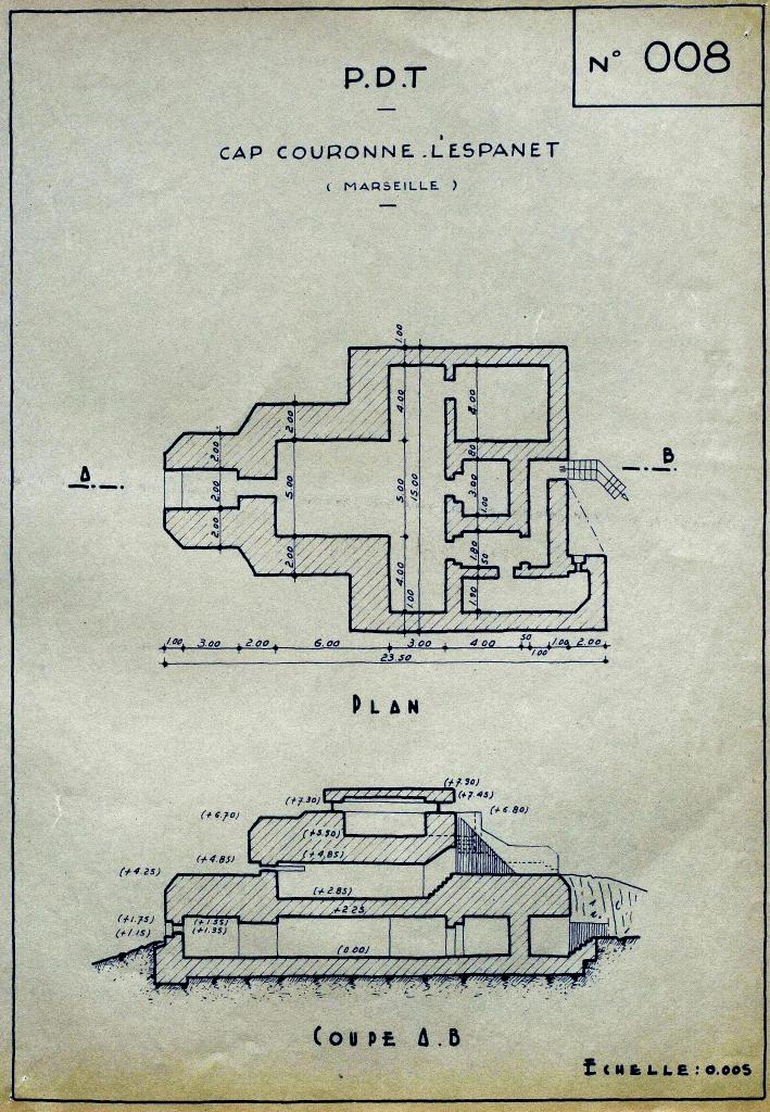 [Plans et coupe du poste de direction de tir de la batterie de l'Espanet],1946.