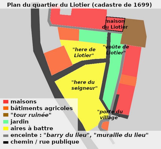 Plan du quartier du Liotier, d'après les données du cadastre de 1699.