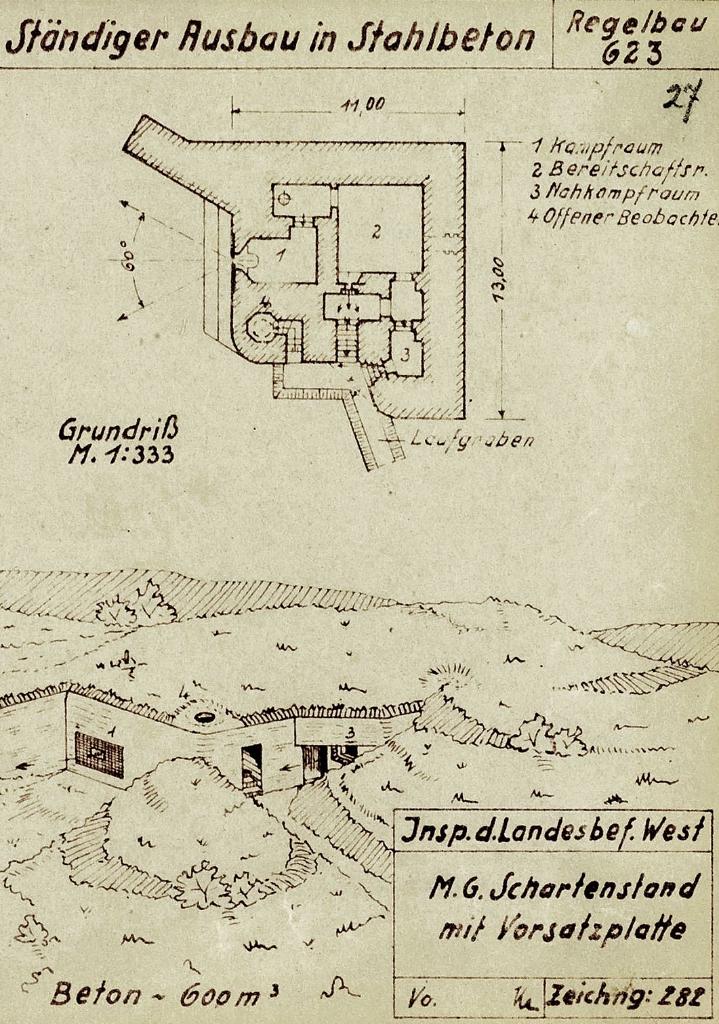[Plan et vue en perspective du modèle-type de casemate abri défensive Regelbau 623], 1944.