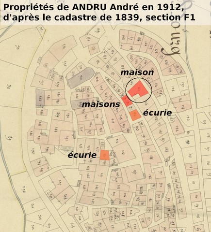 Propriétés de André Andru en 1912, reportées le cadastre de 1839 (section F1). Echelle d'origine 1/1 000e.