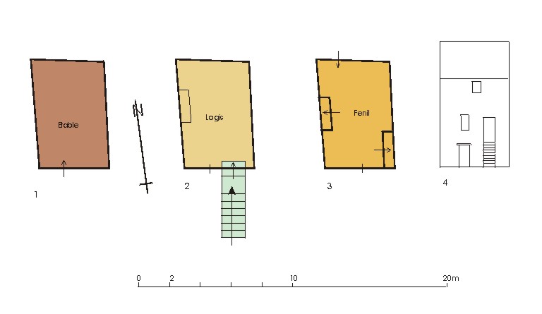 Demandolx. Maison rurale type. 1. Plan du 1er étage de soubassement - 2. Plan du 2e étage de soubassement - 3. Plan du rez-de-chaussée surélevé - 4. Elévation sud.