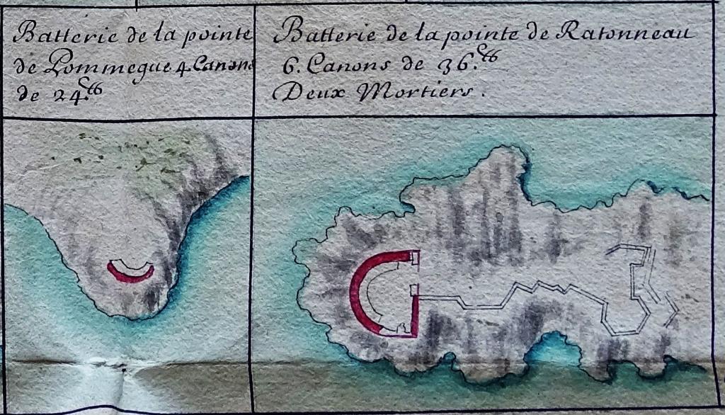 [plan des batteries de la pointe de Ratonneau (cap de Croix) et de la pointe de Pomègues, détail joint à une carte des batteries de côte], 1701