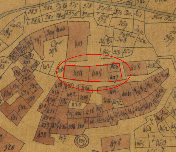 Plan de masse et de situation d'après le plan cadastral de 1823, section E2. Echelle d'origine 1/1250e.