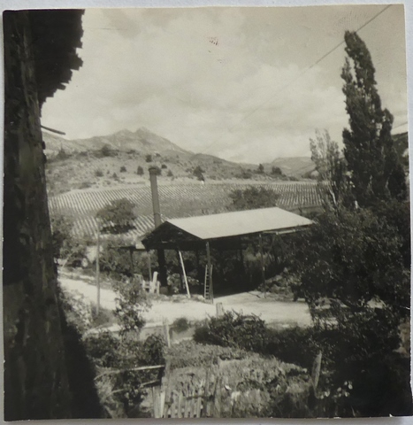 Le premier hangar de la distillerie, à la fin des années 1950. Vue prise du nord-ouest.