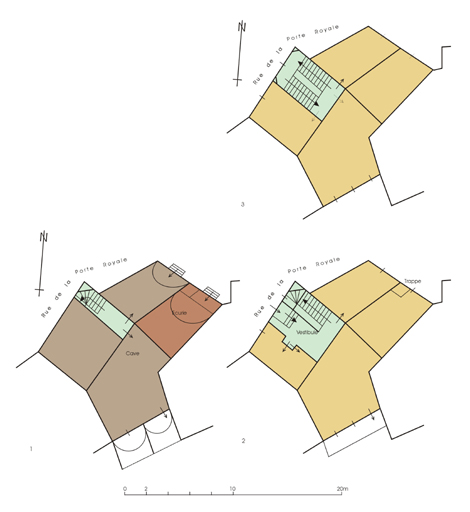 Village. Plans de distribution de la demeure de l'ingénieur Bernardy (milieu du 18e siècle, actuelle parcelle 185) organisée autour de l'escalier tournant à retours avec jour.