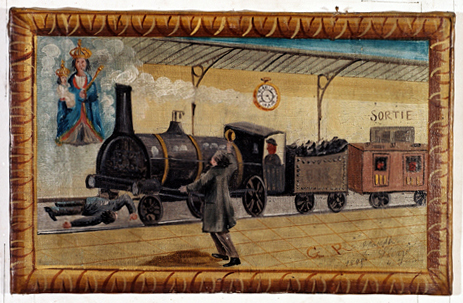 ex-voto, tableau : Homme dans les roues d'une locomotive, Joseph Sicard