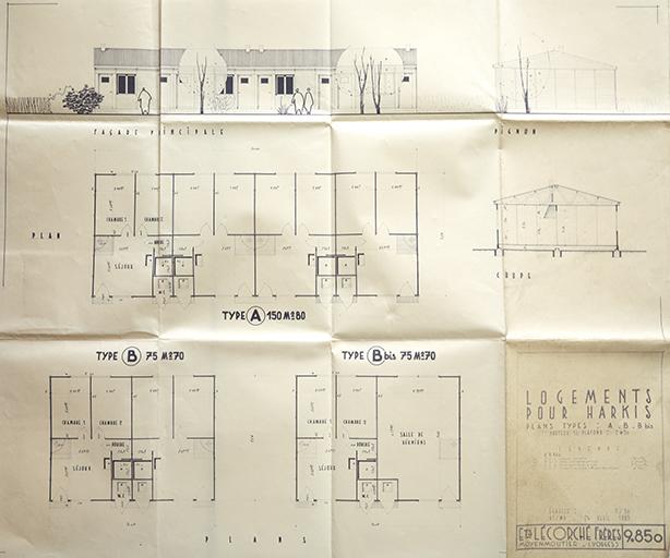 Logements pour Harkis, plans type A, B, Bbis, avril 1963. Entreprise Lécorché Frères.