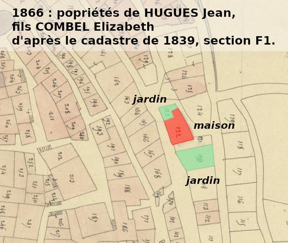 Propriétés de Jean Hugues en 1866, d'après le plan cadastral de 1839, section F1. Echelle d'origine 1/1000e.