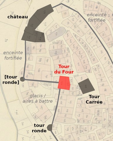 Localisation de la tour dans le contexte de l'enceinte fortifiée (état fin 14e siècle), d'après le cadastre de 1839 (section F1). Echelle d'origine 1/1 000e.