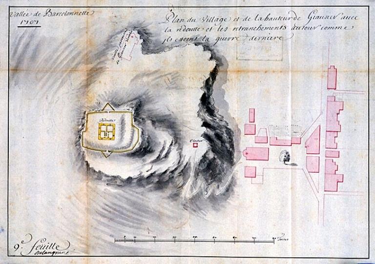 Plan du village et de la hauteur de Giauzier avec la redoutte et les retranchements autour comme ils estoent la guerre dernière. 1707