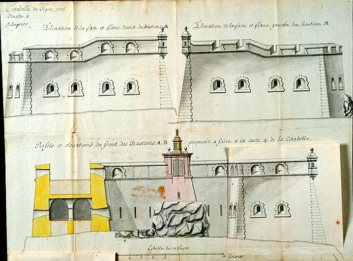 Citadelle de Seyne. Elévation de la face et flanc droict du bastion A. Elévation de la face et flanc gauche du bastion B. Profils et élévations du front des bastions A-B proposéz à faire à la teste A de la citadelle. 1706