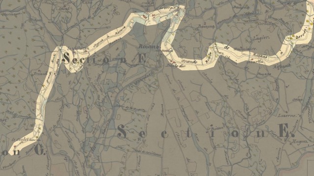 Tracé de l'ancienne route de Serres à Verclause, sur le tableau d'assemblage du cadastre de 1839. Echelle d'origine 1/20 000e.