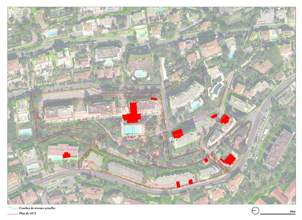 Plan du domaine Haussmann et de son environnement proche en 1872 superposé à une vue satellite actuelle, DAO Marie Hérault.