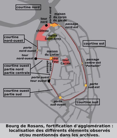 Localisation des différents éléments de la fortification, observés ou mentionnés dans les archives.