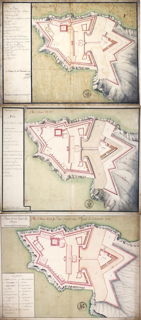 Montage photographique des projets de chapelle au fort de Bouc de 1743, 1748 et 1754.