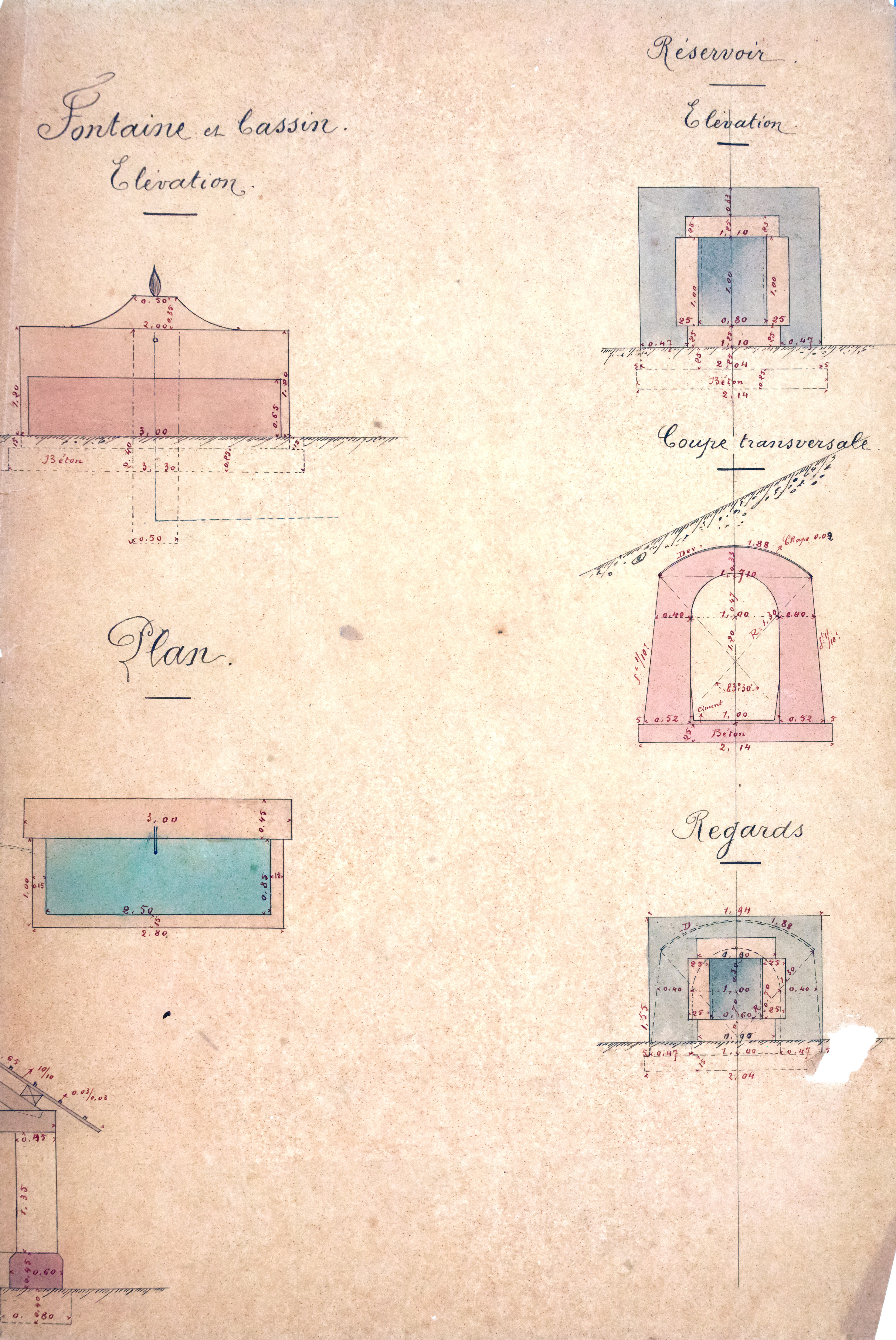 [Projet de construction d'un lavoir, d'un réservoir et d'une fontaine au hameau du Plan : plans, élévations, coupes.] 1891. Plans et élévations de la fontaine et du réservoir.