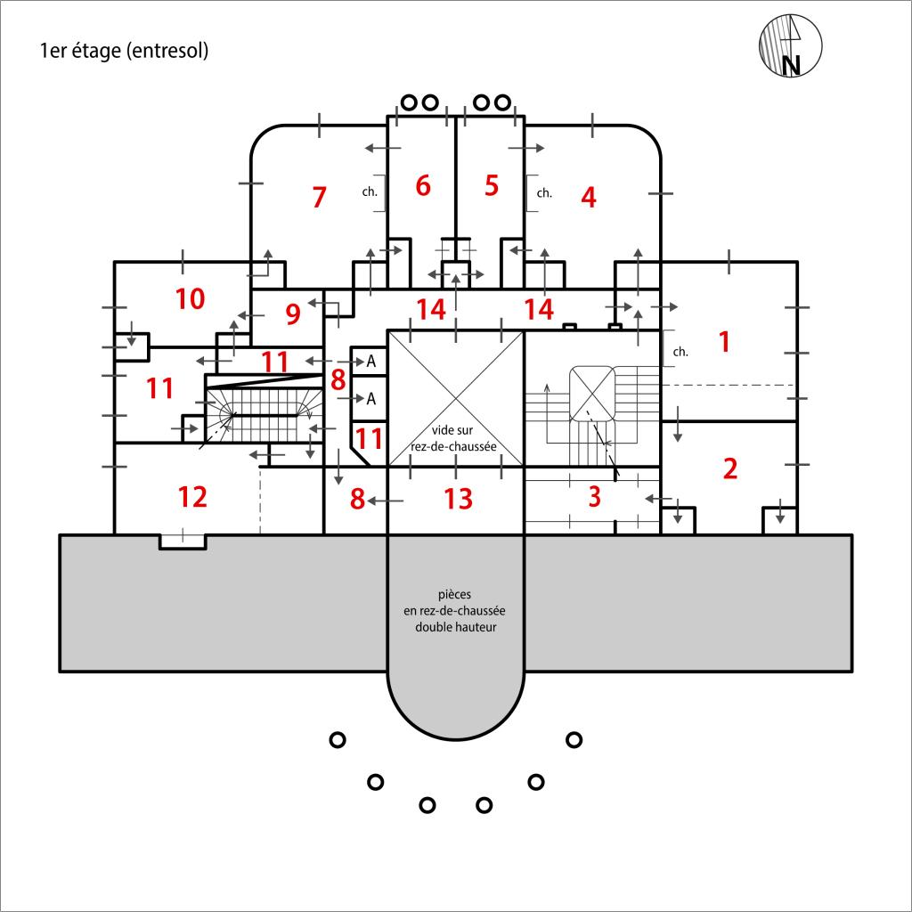 Plan schématique du premier étage (entresol) avec numérotation des pièces correspondant aux notes de terrain prises en 1995.