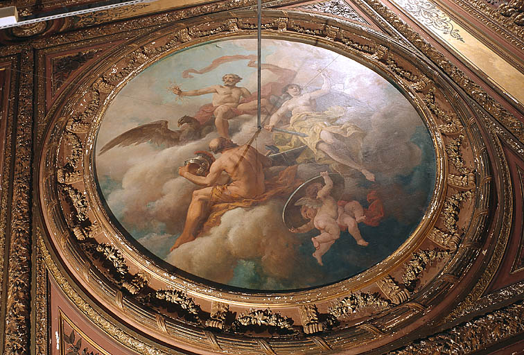 plafond, reliefs et 3 peintures monumentales : Le triomphe de Jupiter, Le triomphe de Neptune, Le triomphe de Bacchus
