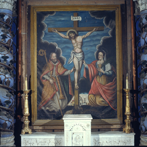 tableau (tableau d'autel) : Christ en croix entre saint Blaise et sainte Marguerite