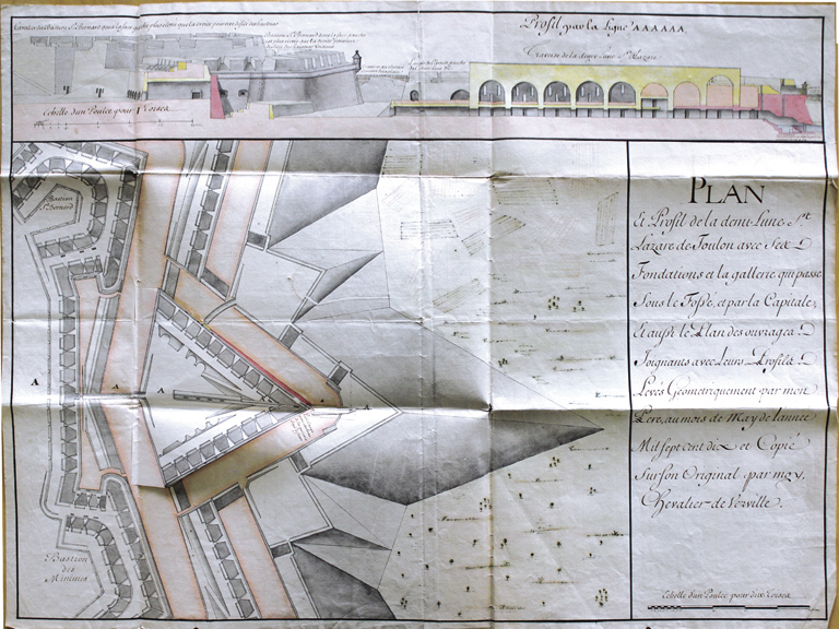 Plan & profil de la demi-lune St-Lazare de Toulon avec ses fondations et la gallerie qui passe sous le fossé... 1710.