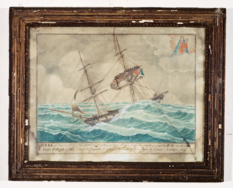 ex-voto, tableau : Accident sur un bateau dans la tempête, chute d'un marin sur le pont du brigantin Le Constantino