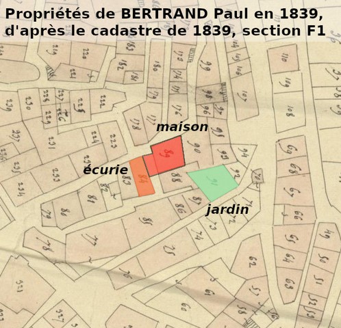 Propriétés de Paul Bertrand en 1839, reportées sur le cadastre de 1839 (section F1). Echelle d'origine 1/1 000e.