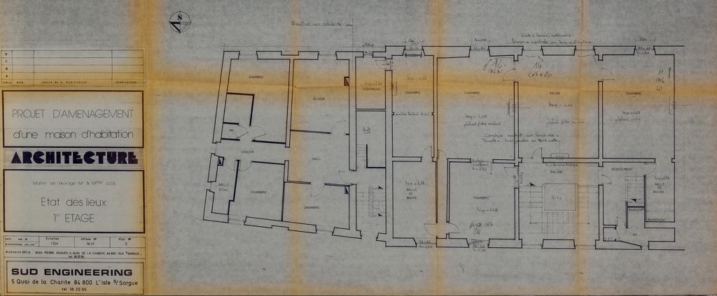 Projet d'aménagement d'une maison, maître de l'ouvrage Mr et Mme Juge, état des lieux, 1er étage, [annoté par l'architecte],1978. 