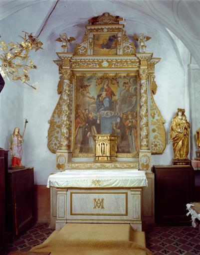 tableau d'autel : La Vierge et l'Enfant remettant le rosaire à saint Dominique de Guzman et sainte Catherine de Sienne