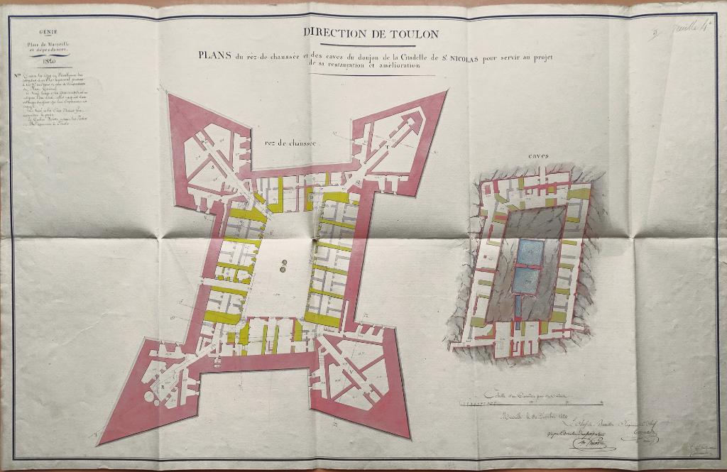 Plan [des différents niveaux] du donjon de la citadelle St Nicolas, pour servir au projet de sa restauration et amélioration, 1820. Rez-de chaussée et caves. 