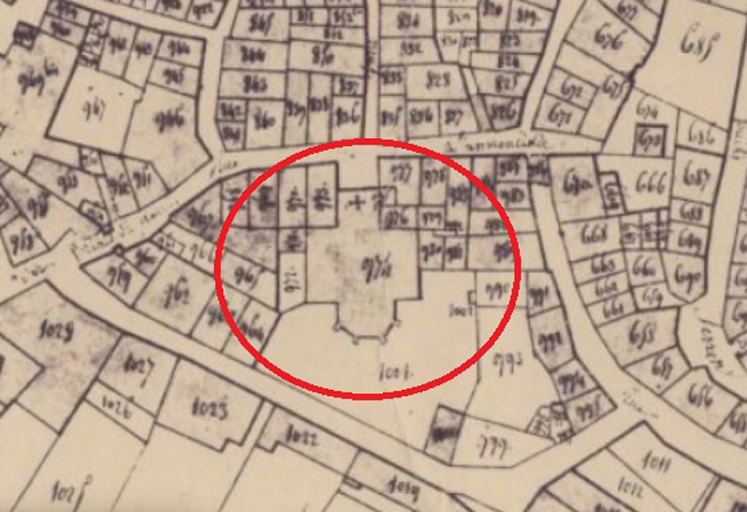 Plan de masse et de situation de la chapelle Notre-Dame-de-l'Annonciade d'après le cadastre de 1823 (section A, parcelle 974).