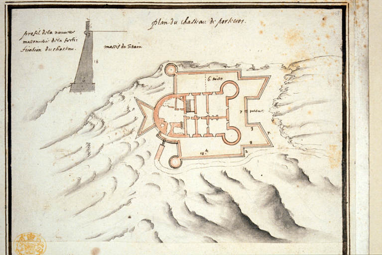 Plan du château de port-cros. Profil de la muraille massonnée de la fortification du chasteau [coupe partielle de l'escarpe]. Vers 1660