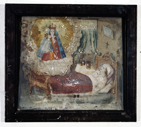 ex-voto, tableau : Demande de guérison d'une femme, au couvre-lit brun