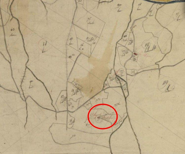 Plan de masse et de situation de la chapelle Saint-Barthélemy d'après le cadastre de 1810 (section Eu, parcelle 77).