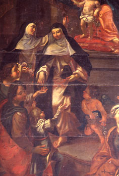 tableau d'autel de l'ensemble du Rosaire : La Vierge à l'Enfant remettant le rosaire à sainte Catherine de Sienne et saint Dominique