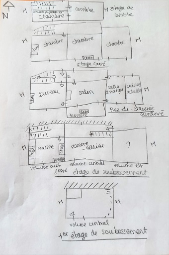 Relevé avec plan de distribution des différents niveaux de la maison.