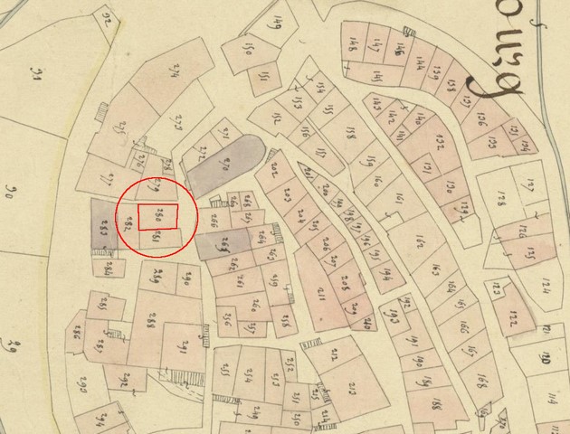 Plan de masse et de situation d'après le plan cadastral de 1839, section F1. Echelle d'origine 1/1000e.