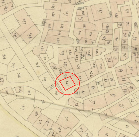 Plan de masse d'après le plan cadastral de 1839, section F1. Echelle d'origine 1/1000e.