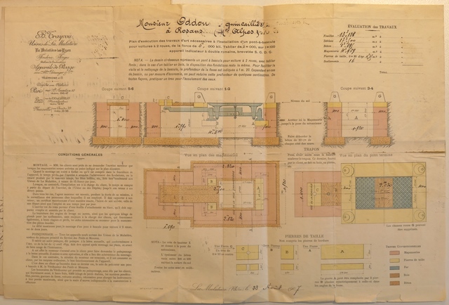 Plan d'exécution des travaux d'art nécessaires à l'installation d'un pont-à-bascule pour voitures à 2 roues, 1907.