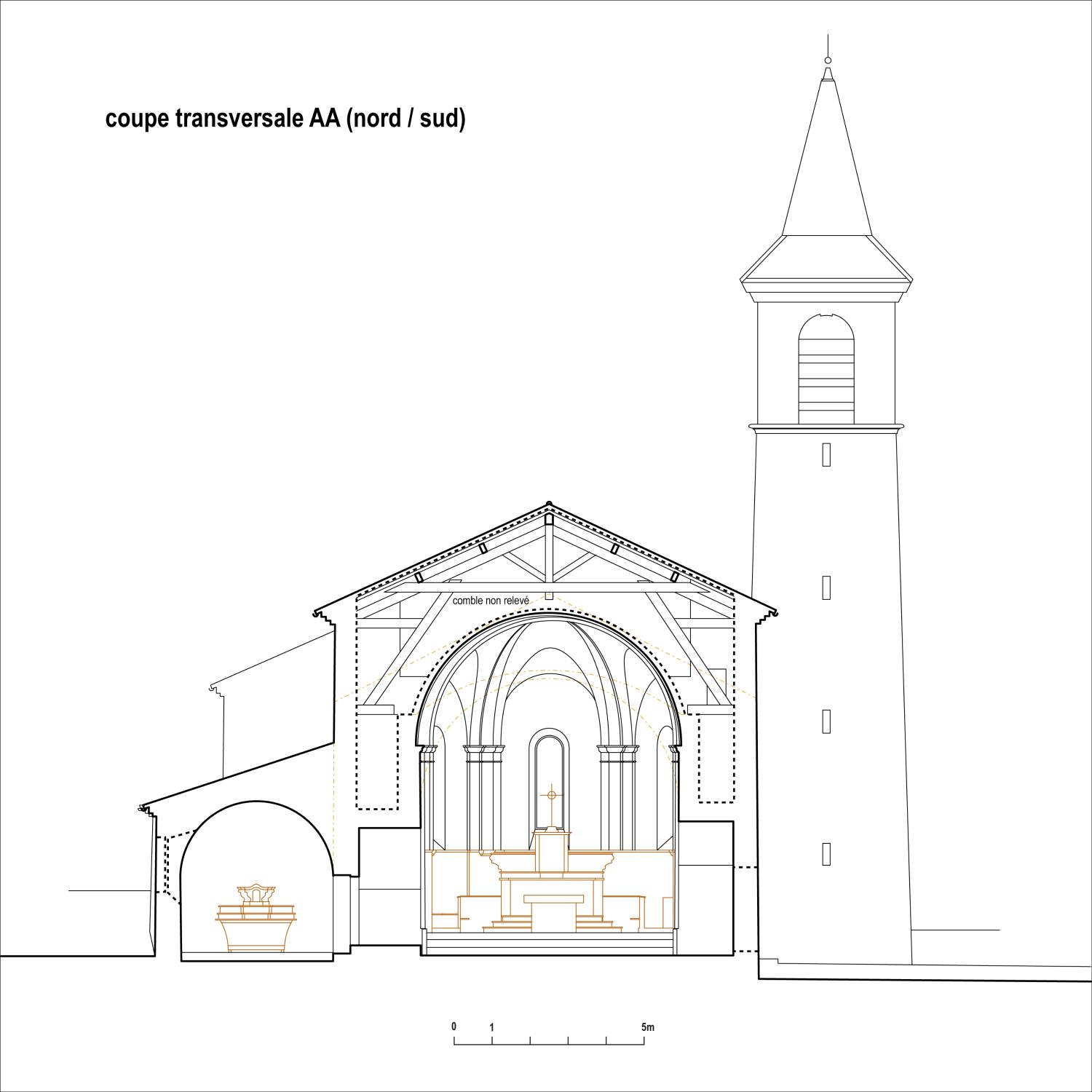 Coupe longitudinale nord/sud de l'église.