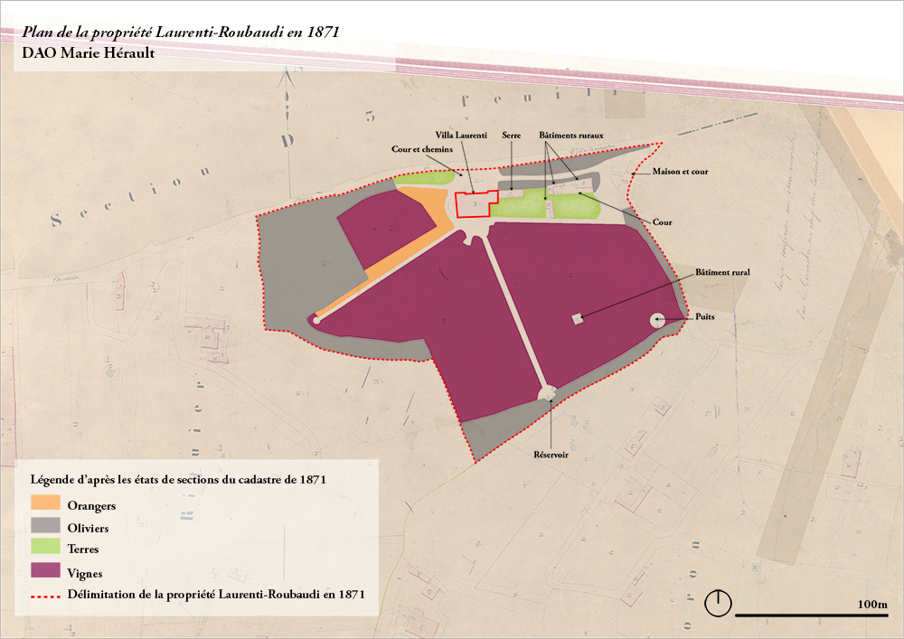 Plan de la propriété Laurenti-Roubaudi en 1871, DAO Marie Hérault.