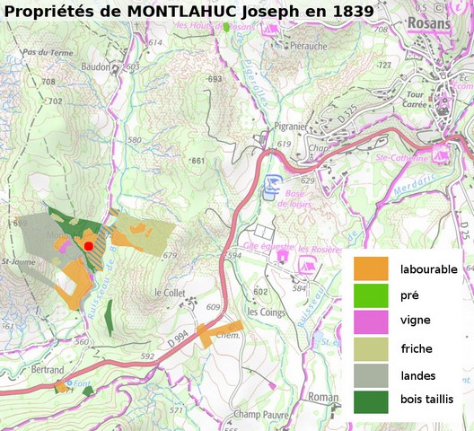Propriétés de Joseph Montlahuc en 1839, par natures de cultures, reportées sur la carte IGN (échelle d'origine 1/25 000e).