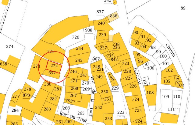 Plan de masse d'après le cadastre de 2021, section 000F. Echelle d'origine 1/500e.
