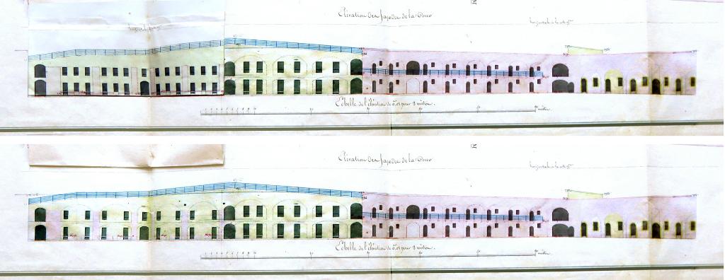 Plan, coupes et élévations détaillés du projet de 1829 pour 1830. Détail, élévation des façades de la cour.