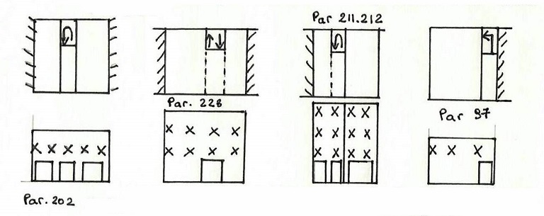 Typologie des maisons. Façades et distribution des maisons occupant respectivement de gauche à droite les parcelles B 202, 228, 211-212 et 97.