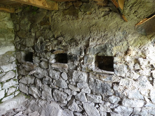 Niches à poules dans le mur d'une étable-resserre, « cabanon » au Moulin.