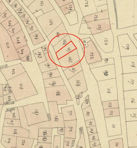 Plan de masse, d'après le cadastre de 1839 (section F1). Echelle d'origine 1/1 000e.